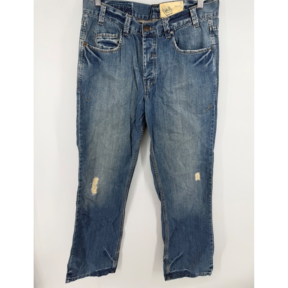 Analog Mens Distressed Straight Leg Button Fly Denim Jeans Blue 34x32